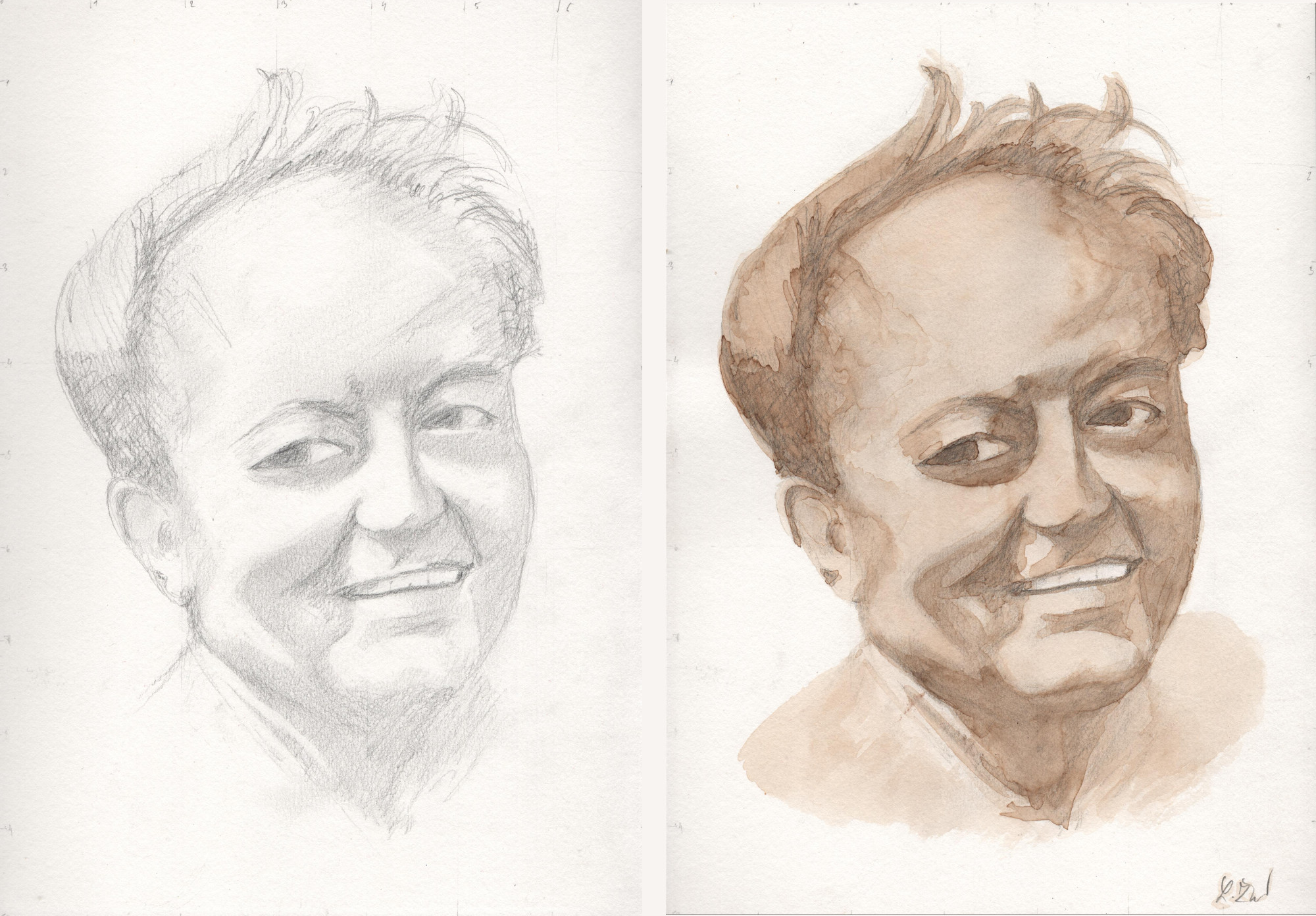 Vlevo portrét tužkou, vpravo dokolorovaný kávou